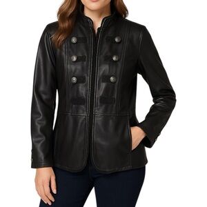 Chico’s 2 (L 12) Black Faux Leather Military Jacket Ruffle Trim Button Zip Moto